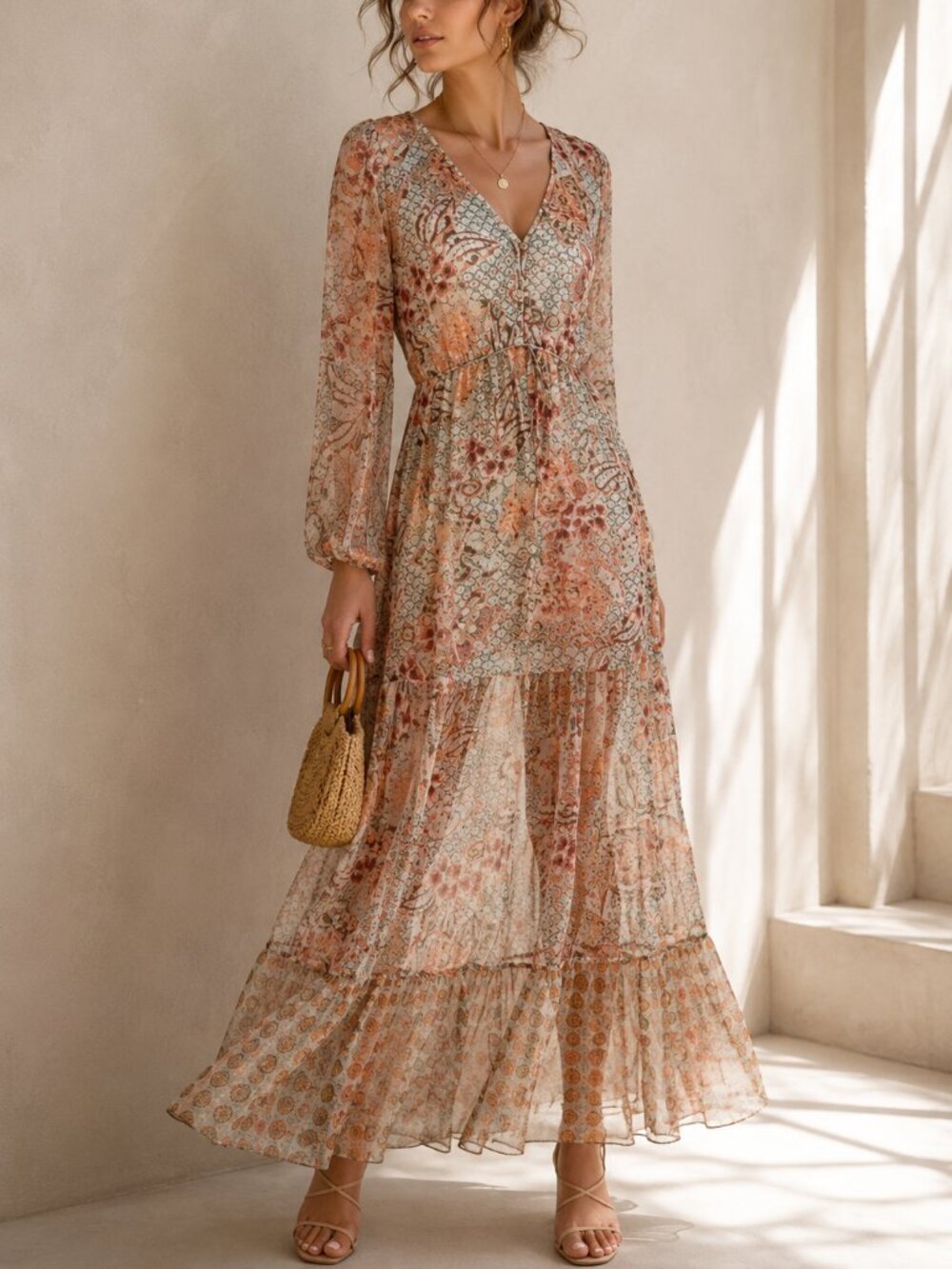 MISA Los Angeles Sheer Printed Open Back Boho Maxi Dress Size XS